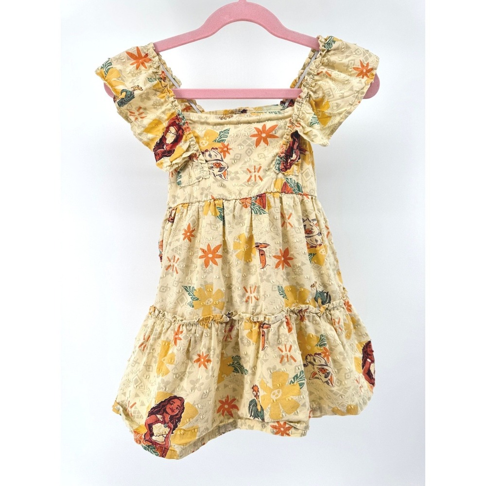 Disney Moana 2 Girls Ruffle Dress Size 3T Yellow Tropical Floral Aloha